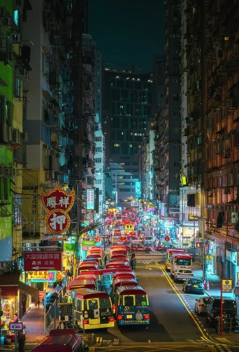 Framed Print : Typical buses at Tung Choi street, Mong Kok, Kowloon. Hong Kong, China Framed Print : Typical buses at Tung Choi street, Mong Kok, Kowloon. Hong Kong, China