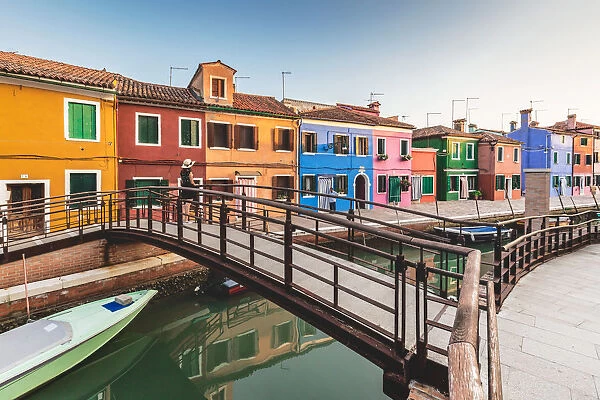 A typical canal in the island of Burano, Laguna di Venezia, Venice, Veneto, Italy, Europe