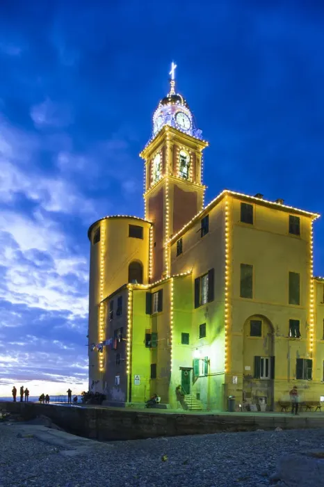 Framed Print : Typical colored houses with light decoration. Camogli, Liguria, Italy