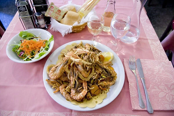 Typical fish meal, Fritto Misto, Burano Island, Venice, Veneto, Italy