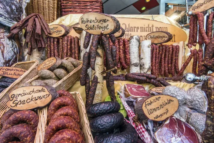 Framed Print : Typical German sausages on display in a butcher shop, Rothenburg ob der Tauber, Bavaria