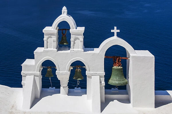 Typical Greek white befry, Oia, Santorini, South Aegean, Greece