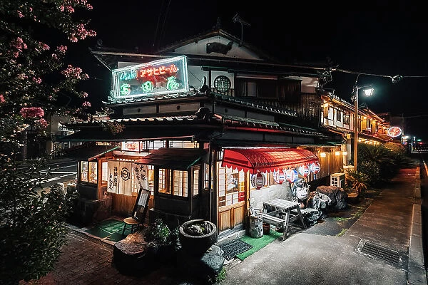 Typical Japanese inn restaurant with neon lights at night, Kyoto district, Japan