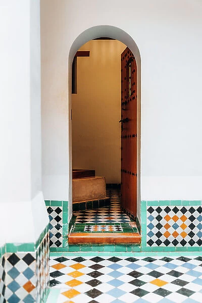 Typical Moroccan door and tiles, Marrakech, Morocco