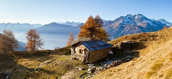 Typical mountain chalet in Stelvio National Park. Sondrio district, Lombardy, Italy