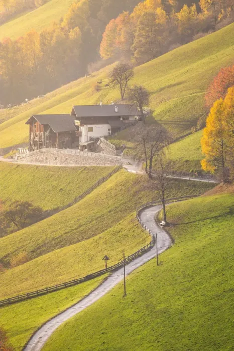 Framed Print : Two typical northern Italy houses surrounded by the colors of autumn in Funes Valley Framed Print : Two typical northern Italy houses surrounded by the colors of autumn in Funes Valley