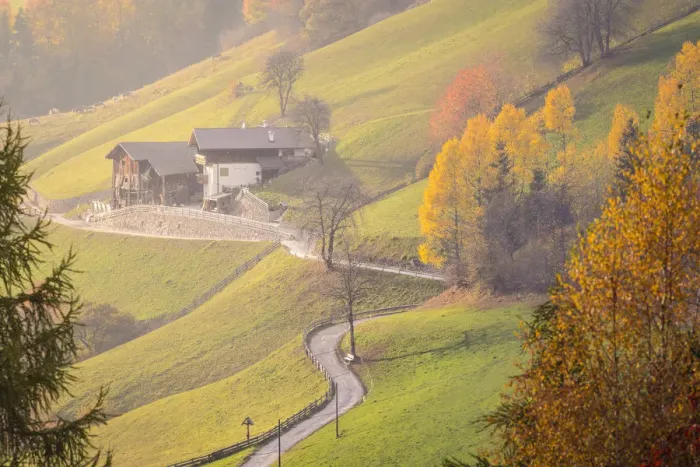 Framed Print : Two typical northern Italy houses surrounded by the colors of autumn in Funes Valley Framed Print : Two typical northern Italy houses surrounded by the colors of autumn in Funes Valley