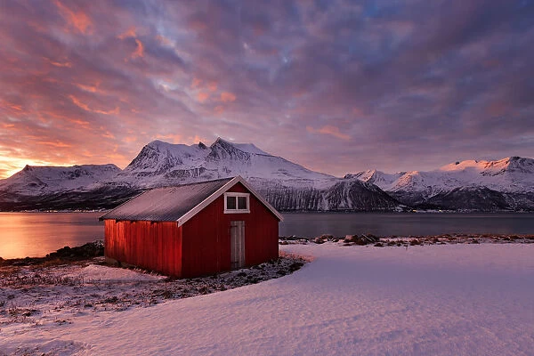 Typical norvegian fishing cottage ad dawn on a fjord near Tromso, Troms, Norway