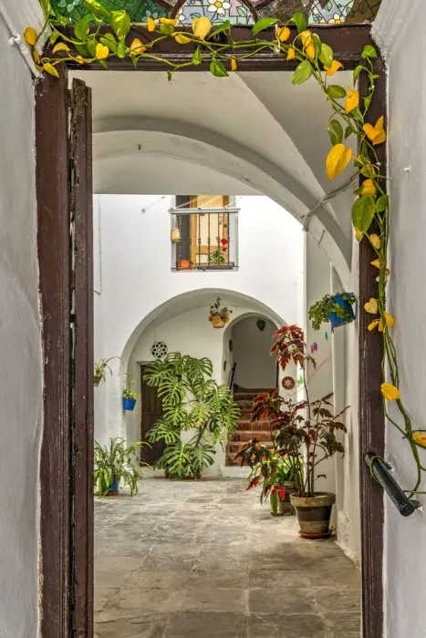 Framed Print : Typical patio or courtyard of Andalusian house, Vejer de la Frontera, Andalusia, Spain Framed Print : Typical patio or courtyard of Andalusian house, Vejer de la Frontera, Andalusia, Spain
