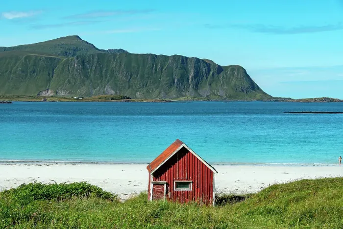 Framed Print : Typical red rorbu on Ramberg beach, Lofoten Islands Norway Europe Framed Print : Typical red rorbu on Ramberg beach, Lofoten Islands Norway Europe