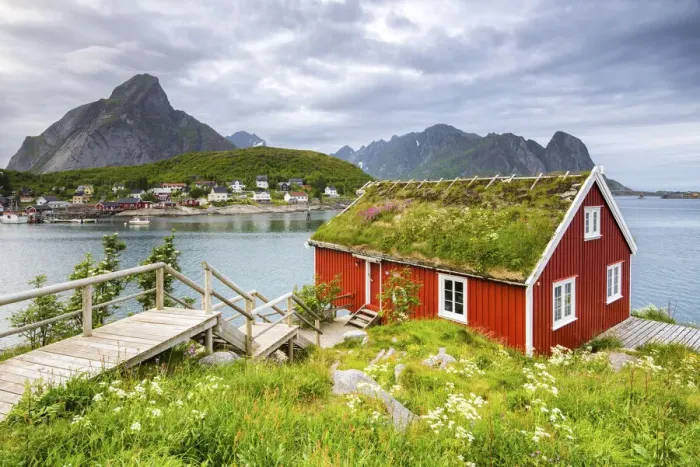 Framed Print : Typical Rorbu surrounded by grass, Nordland county, Lofoten Islands, Northern Norway Framed Print : Typical Rorbu surrounded by grass, Nordland county, Lofoten Islands, Northern Norway