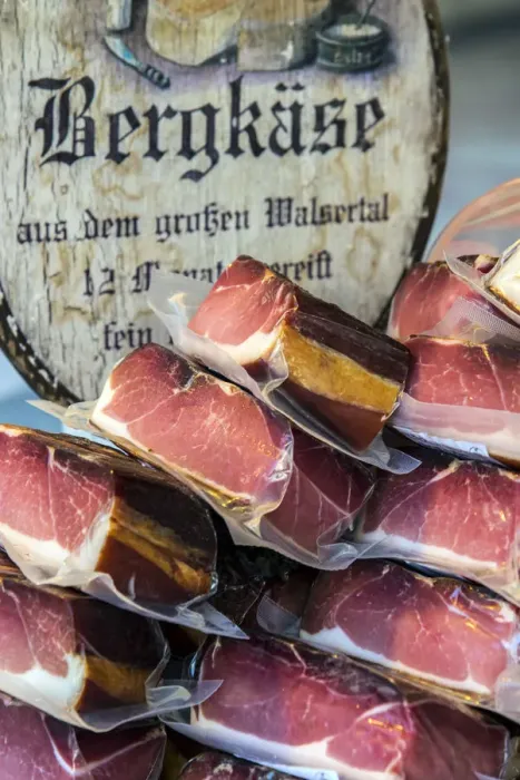 Framed Print : Typical Tyrolean speck ham on sale at the market, Salzburg, Austria
