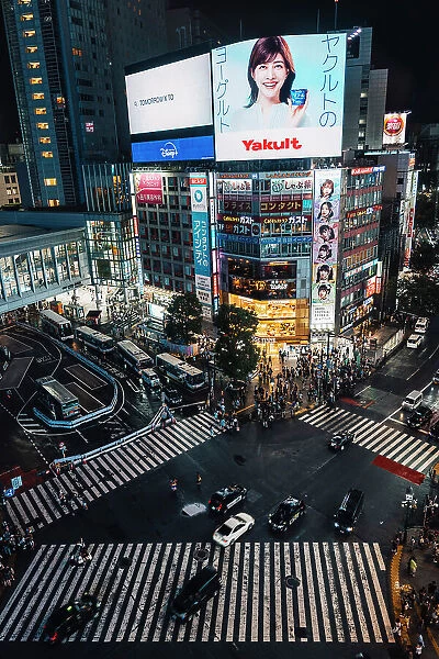 Typical view of Tokyo Shibuya crossing from above. Pedestrian crossing full of people walking in a summer night, Japan