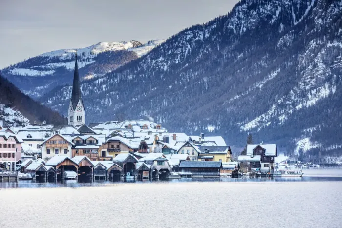 Framed Print : Typical village called Hallstatt con the Hallstatter see at sunrise with the houses Framed Print : Typical village called Hallstatt con the Hallstatter see at sunrise with the houses