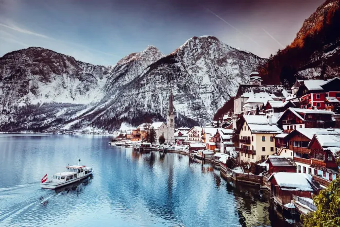Framed Print : Typical village called Hallstatt con the Hallstatter see at sunrise with the houses