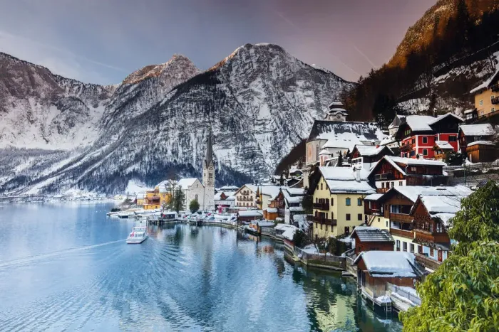 Framed Print : Typical village called Hallstatt con the Hallstatter see at sunrise with the houses Framed Print : Typical village called Hallstatt con the Hallstatter see at sunrise with the houses