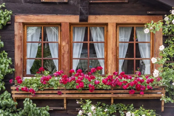 Framed Print : Typical wooden house decorated with flowers, Zermatt, Valais, Switzerland Framed Print : Typical wooden house decorated with flowers, Zermatt, Valais, Switzerland