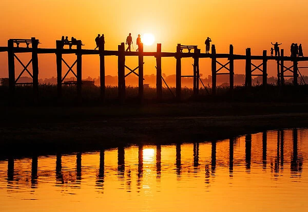 U Bein Bridge (longest teak bridge in the world) at sunset, Amarapura, Mandalay, Burma