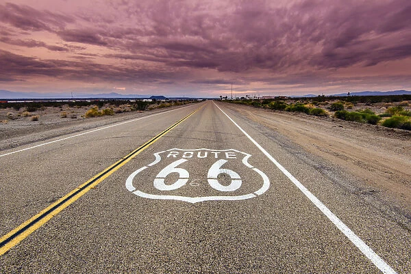 U. S. Route 66 horizontal road sign, Amboy, California, USA