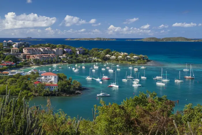 Framed Print : U. S. Virgin Islands, St. John, Cruz Bay, elevated town view with The Battery Framed Print : U. S. Virgin Islands, St. John, Cruz Bay, elevated town view with The Battery