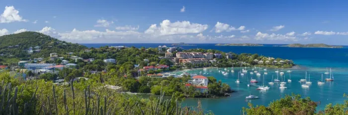 Framed Print : U. S. Virgin Islands, St. John, Cruz Bay, elevated town view with The Battery Framed Print : U. S. Virgin Islands, St. John, Cruz Bay, elevated town view with The Battery