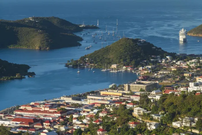 Framed Print : U. S. Virgin Islands, St. Thomas, Charlotte Amalie, elevated town view with cruiseship Framed Print : U. S. Virgin Islands, St. Thomas, Charlotte Amalie, elevated town view with cruiseship
