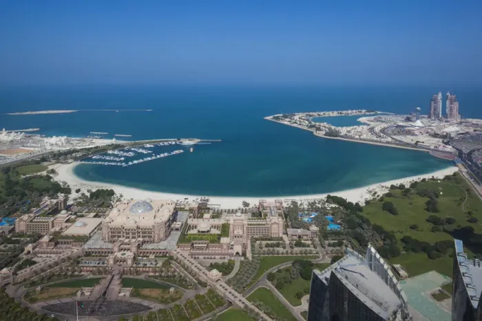 Framed Print : UAE, Abu Dhabi, Emirates Palace Hotel and Arabian Gulf, aerial view