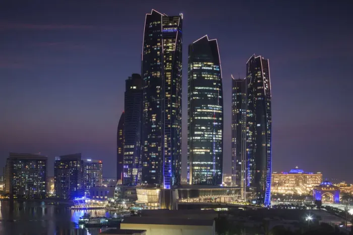 Framed Print : UAE, Abu Dhabi, Etihad Towers, dusk Framed Print : UAE, Abu Dhabi, Etihad Towers, dusk