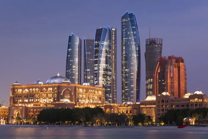 Framed Print : UAE, Abu Dhabi, Etihad Towers and Emirates Palace Hotel, dusk Framed Print : UAE, Abu Dhabi, Etihad Towers and Emirates Palace Hotel, dusk