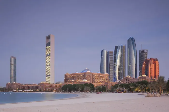 Framed Print : UAE, Abu Dhabi, skyline, Nations Towers, ADNOC Tower, Etihad Towers and Emirates Palace Framed Print : UAE, Abu Dhabi, skyline, Nations Towers, ADNOC Tower, Etihad Towers and Emirates Palace