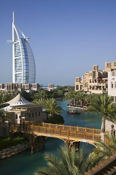 UAE, Dubai, Burj al Arab Hotel from the Madinat Jumeirah Complex
