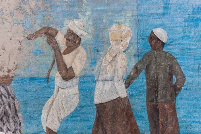 Framed Print : UAE, Dubai, Deira, Dubai Fish Market, fishermen murals