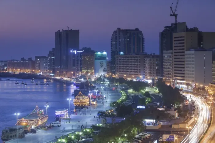 Framed Print : UAE, Dubai, Deira, elevated view of Dubai Creek, dusk Framed Print : UAE, Dubai, Deira, elevated view of Dubai Creek, dusk