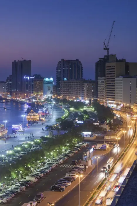 Framed Print : UAE, Dubai, Deira, elevated view of Dubai Creek, dusk Framed Print : UAE, Dubai, Deira, elevated view of Dubai Creek, dusk