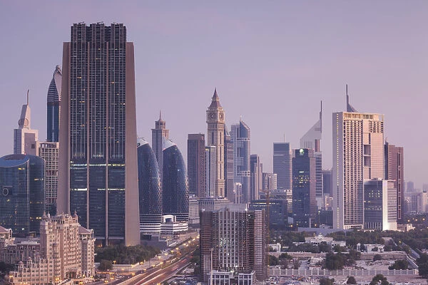UAE, Dubai, Downtown Dubai, Downtown hi rise buildings, elevated view