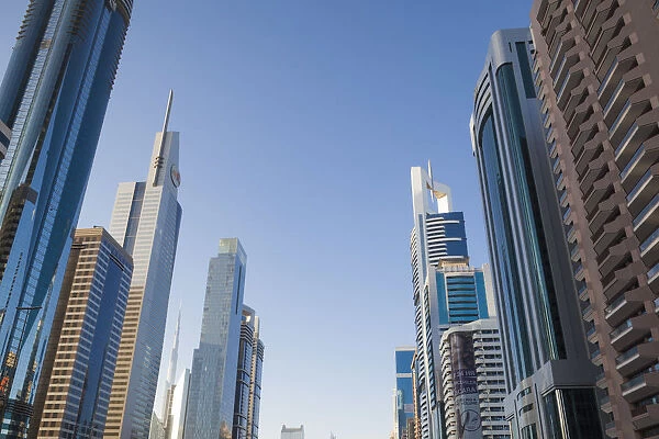 UAE, Dubai, Downtown Dubai, high rise buildings along Sheikh Zayed Road