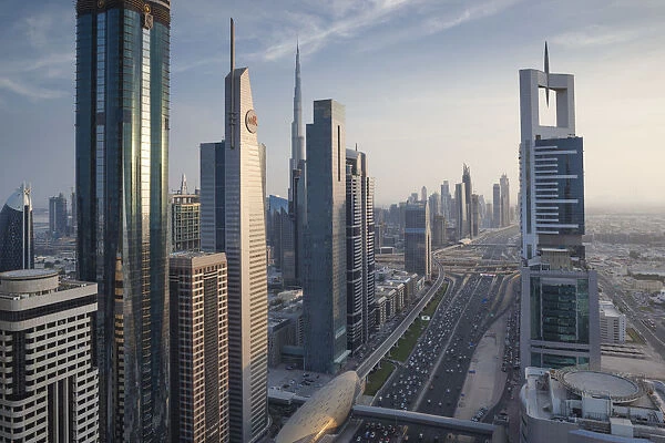UAE, Dubai, Downtown Dubai, high rise buildings along Sheikh Zayed Road, elevated view