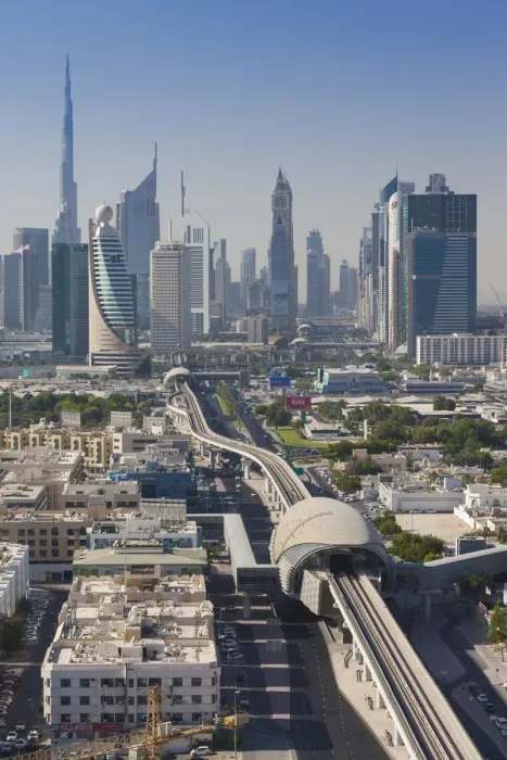 Framed Print : UAE, Dubai, Downtown Dubai skyline above metro rail Framed Print : UAE, Dubai, Downtown Dubai skyline above metro rail