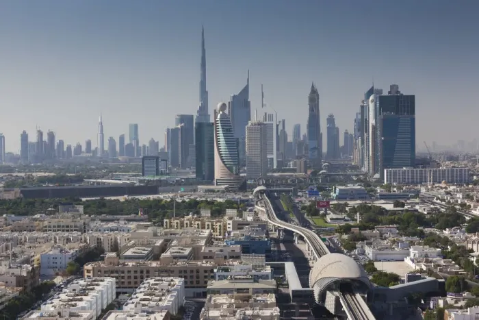 Framed Print : UAE, Dubai, Downtown Dubai skyline above metro rail Framed Print : UAE, Dubai, Downtown Dubai skyline above metro rail