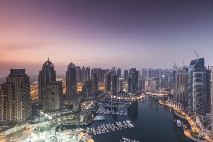 Framed Print : UAE, Dubai, Dubai Marina, elevated view of the marina, dawn Framed Print : UAE, Dubai, Dubai Marina, elevated view of the marina, dawn
