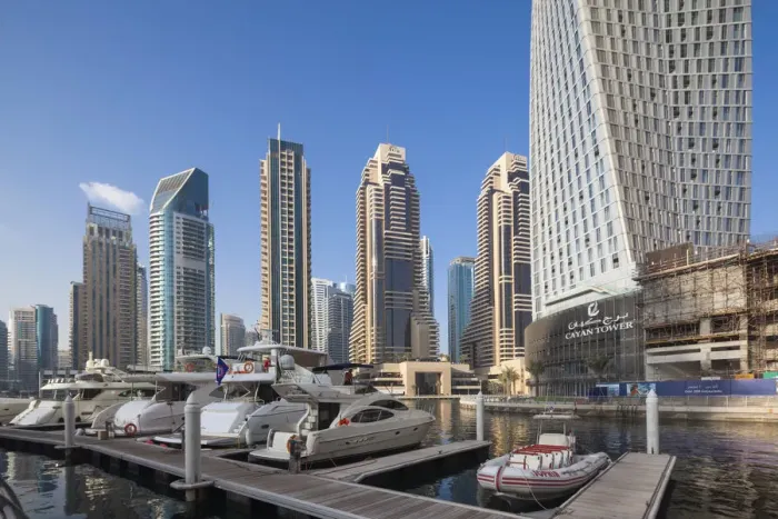 Framed Print : UAE, Dubai, Dubai Marina, high rise buildings including the twisted Cayan Tower, morning