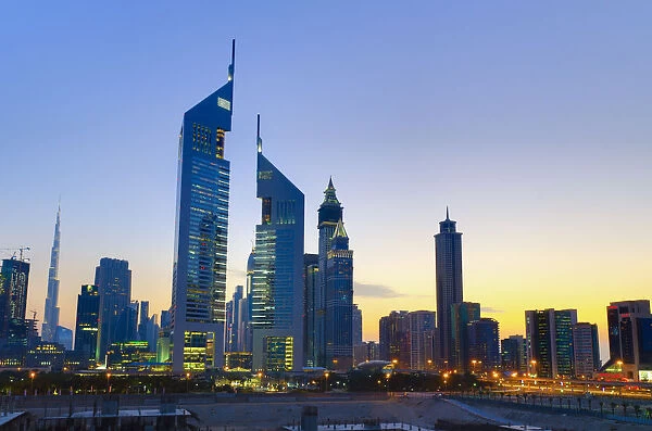 UAE, Dubai, Sheikh Zayed Road, Emirates Towers in centre