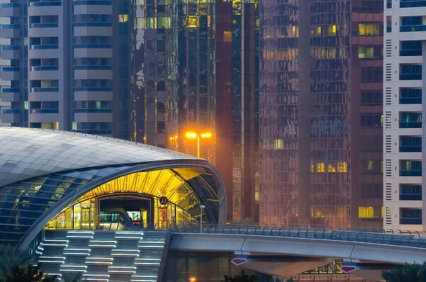 UAE, Dubai, Sheikh Zayed Road and Emirates Towers Metro Station