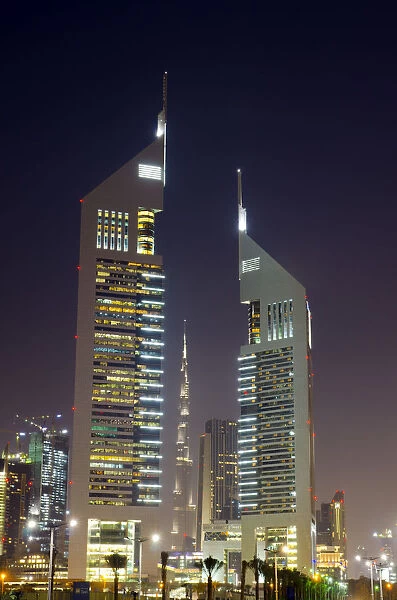 UAE, Dubai, Sheikh Zayed Road, Emirates Towers and Burj Khalifa beyond