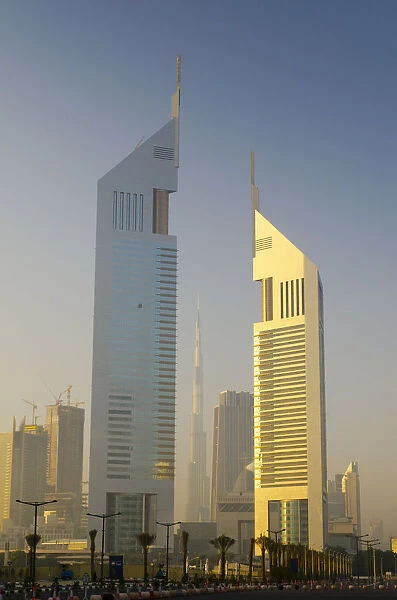 UAE, Dubai, Sheikh Zayed Road, Emirates Towers and Burj Khalifa beyond