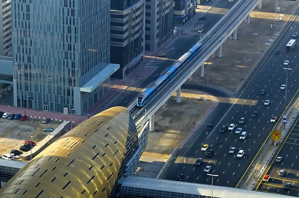 UAE, Dubai, Sheikh Zayed Road (Highway E11) and Financial Centre Metro Station