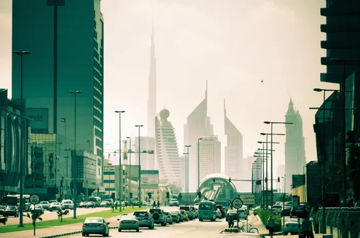 Framed Print : UAE, Dubai, Trade Centre Road, Burj Khalifa and Emirates Towers with Al Karama Metro Framed Print : UAE, Dubai, Trade Centre Road, Burj Khalifa and Emirates Towers with Al Karama Metro