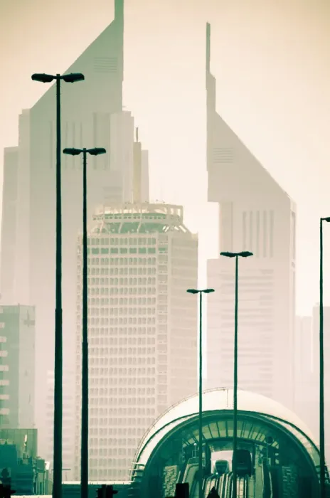 Framed Print : UAE, Dubai, Trade Centre Road, Emirates Towers with Al Karama Metro Station in foreground