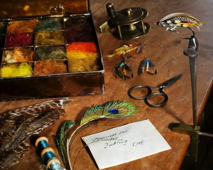 Framed Print : UK. Antique fly-tying equipment with a traditionally Framed Print : UK. Antique fly-tying equipment with a traditionally