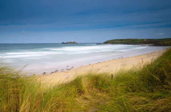 Framed Print : UK, Cornwall, St Ives Bay, Hayle-Gwithian Towans, Godrevy Lighthouse in distance
